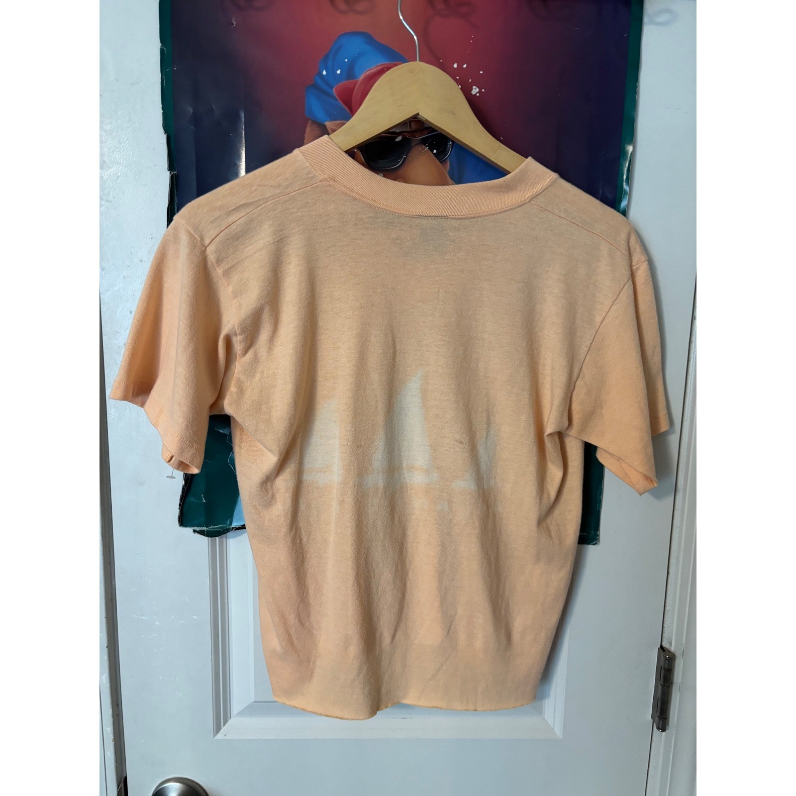 Vintage Atlantic City NJ Sailboat Graphic V-Neck T-Shirt Orange Women Small