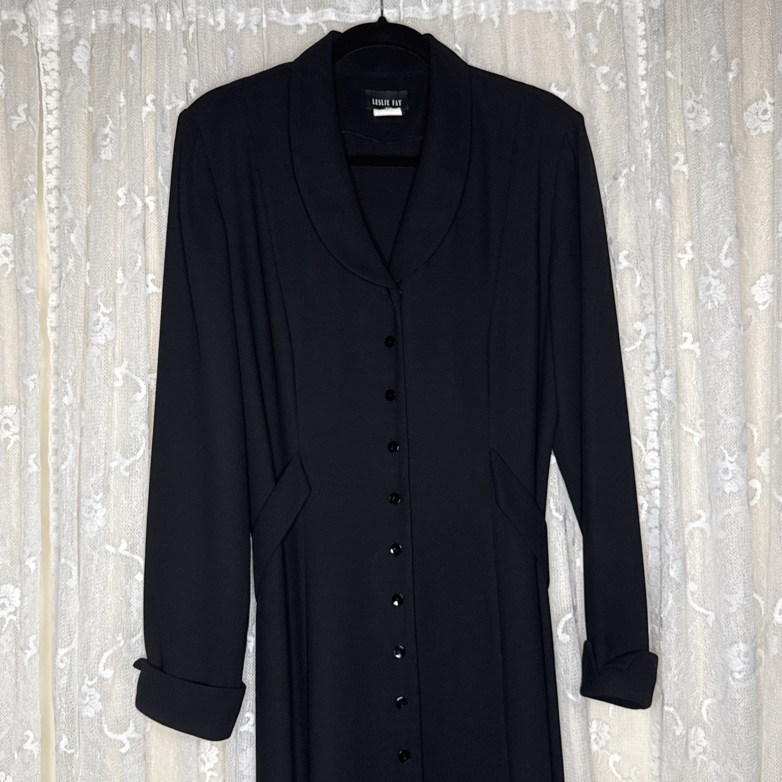 VTG Leslie Fay Trench Fit & Flare Button Down Long Collar Cuffed Dress Size 14