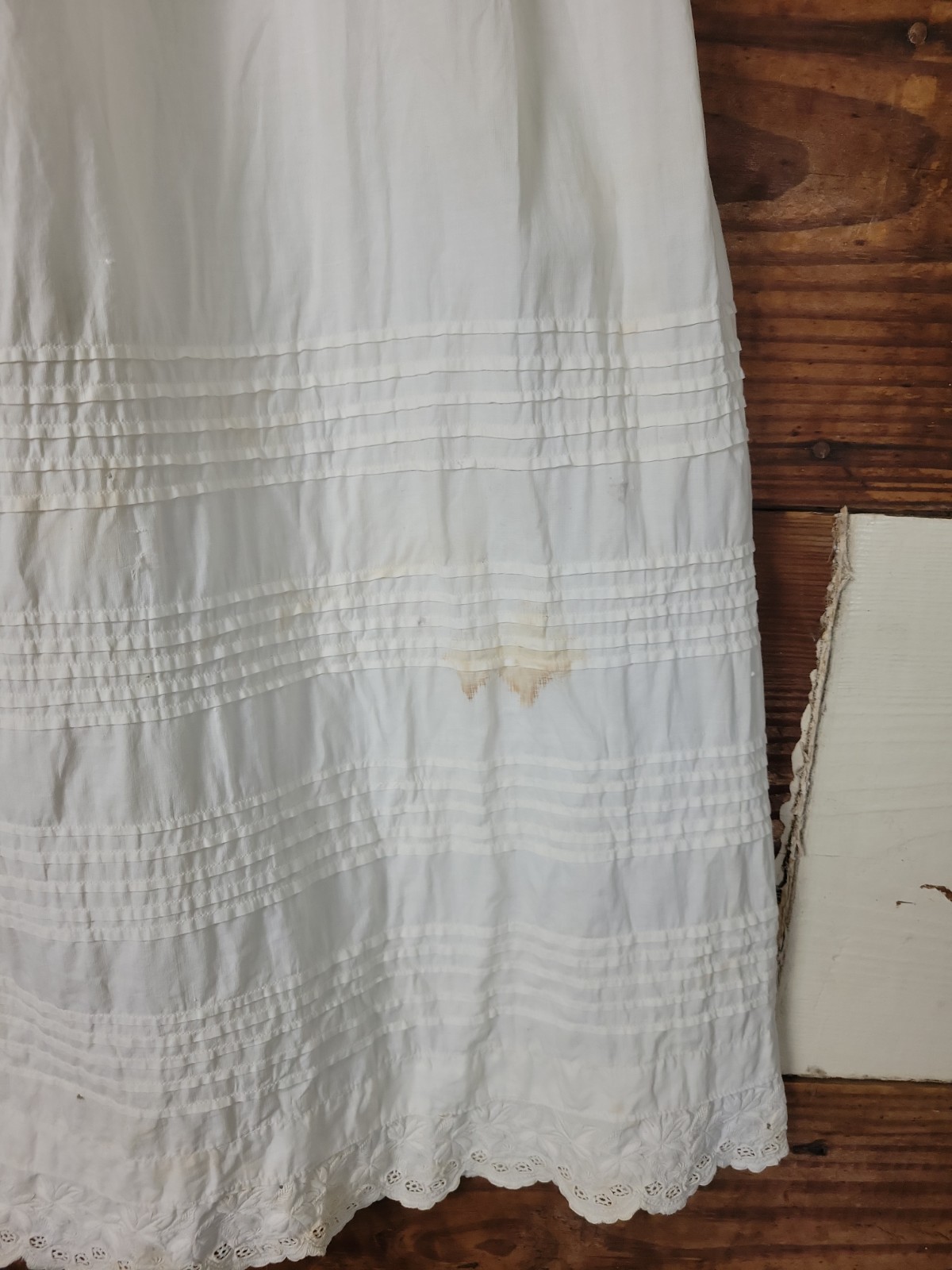 Vintage Antique Tiered Cotton Muslin Slip Skirt Pin Tucks Embroidered Lace
