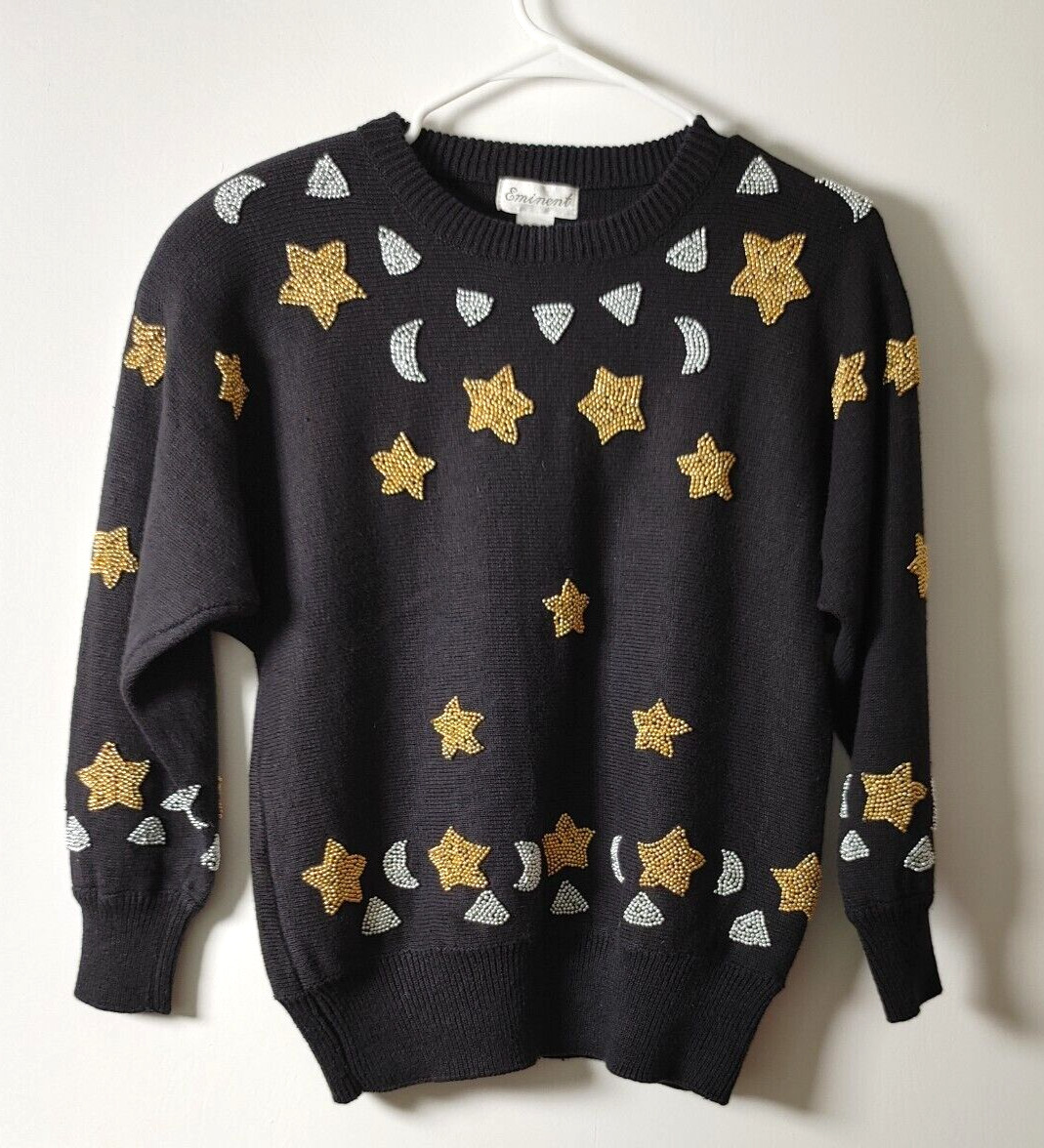 VTG EMINENT SWEATER „S” CREW NECK SCHOULDER PADS BEADED GOLD STARS SILVER MOON