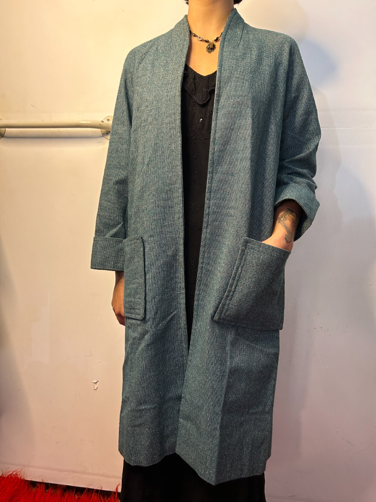 Vintage 1980s Blue Green Womens Woven Duster Coat Textured Cotton AU 6-8