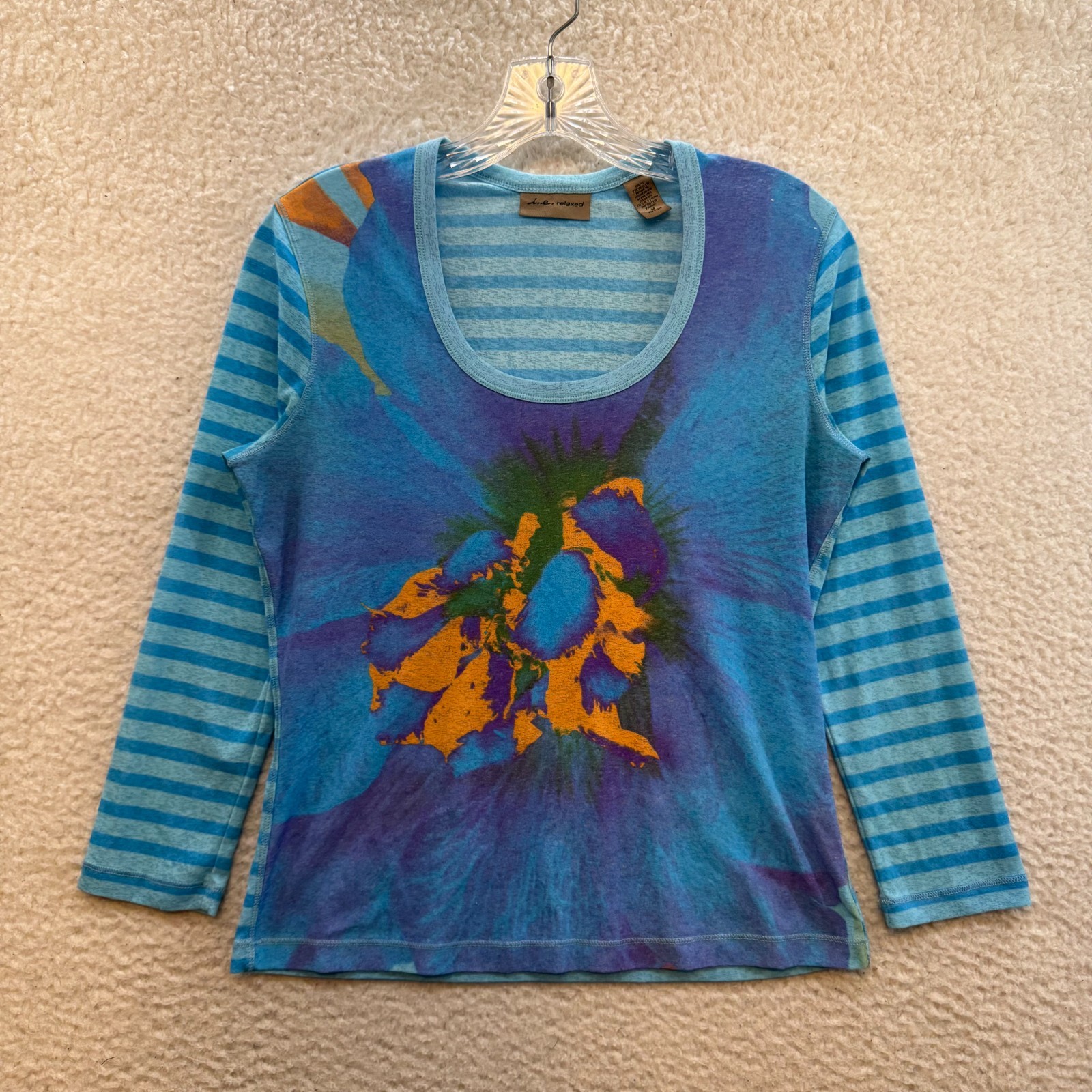 Y2K Vintage Mesh Top Medium Blue Striped Floral Stretch Boho Fairy Cyber Grunge