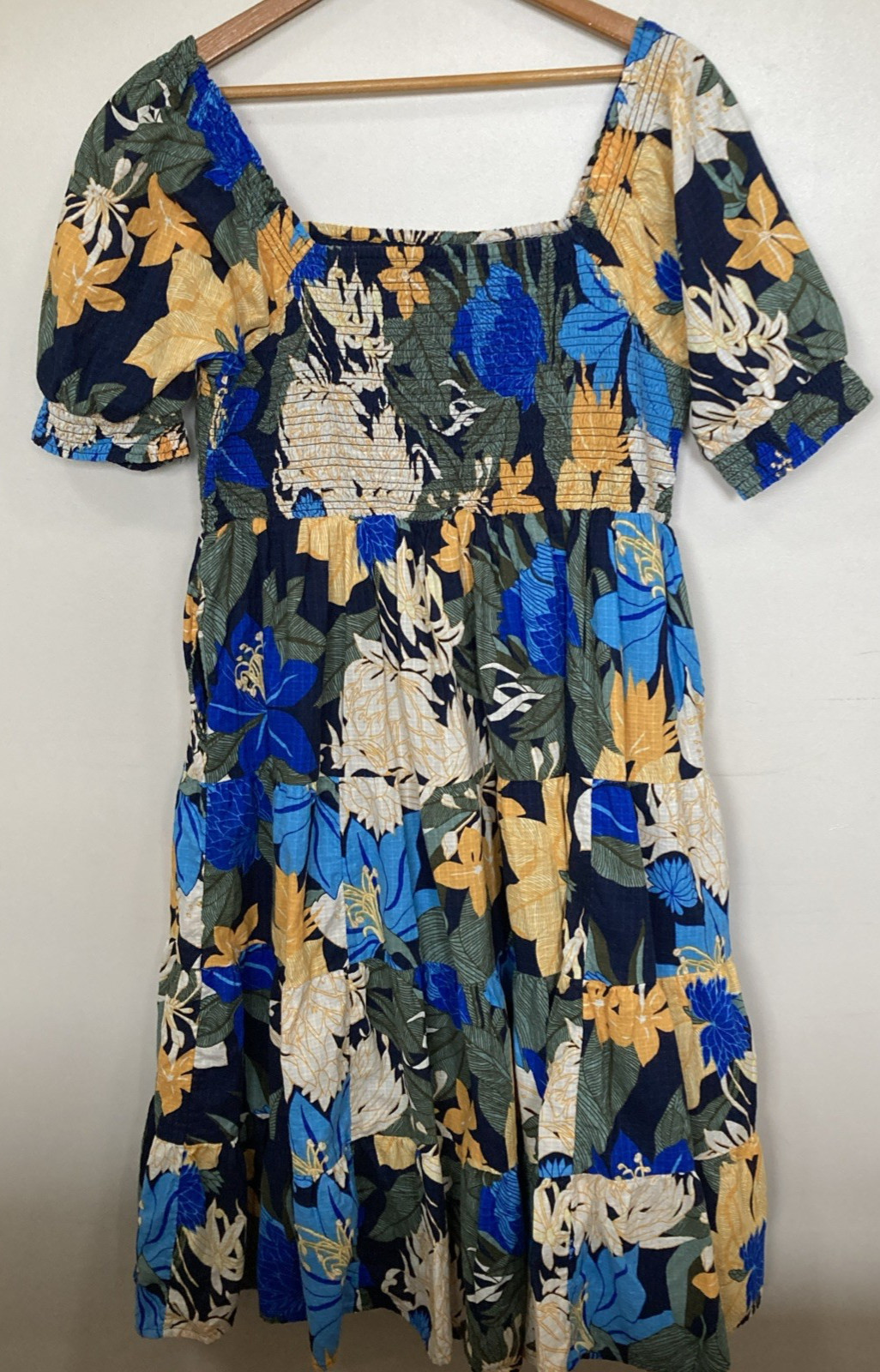 Land’s End Women’s Smocked Peasant Dress L/P 14-16 Blue Yellow Cotton Lined Vtg
