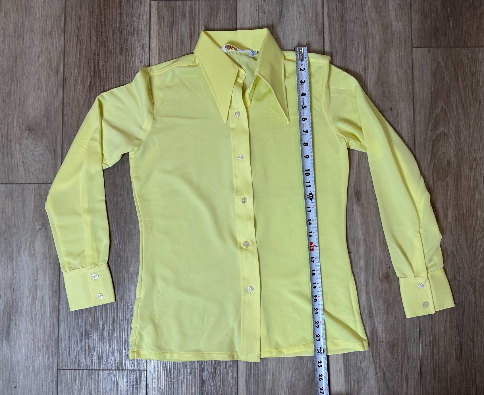 Vintage 70s Yellow Polyester Knit Disco Blouse Dagger Collar Hong Kong Sz 10