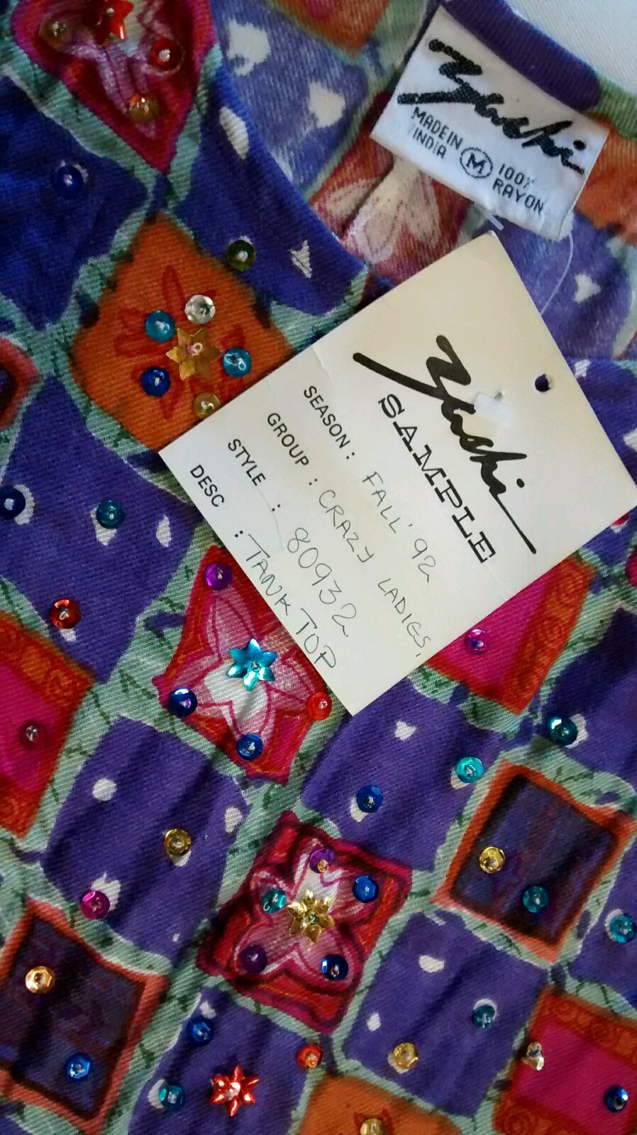 Tank Top Pink Multicolor Beaded Purple Rayon Grunge era SAMPLE 1992 vintage