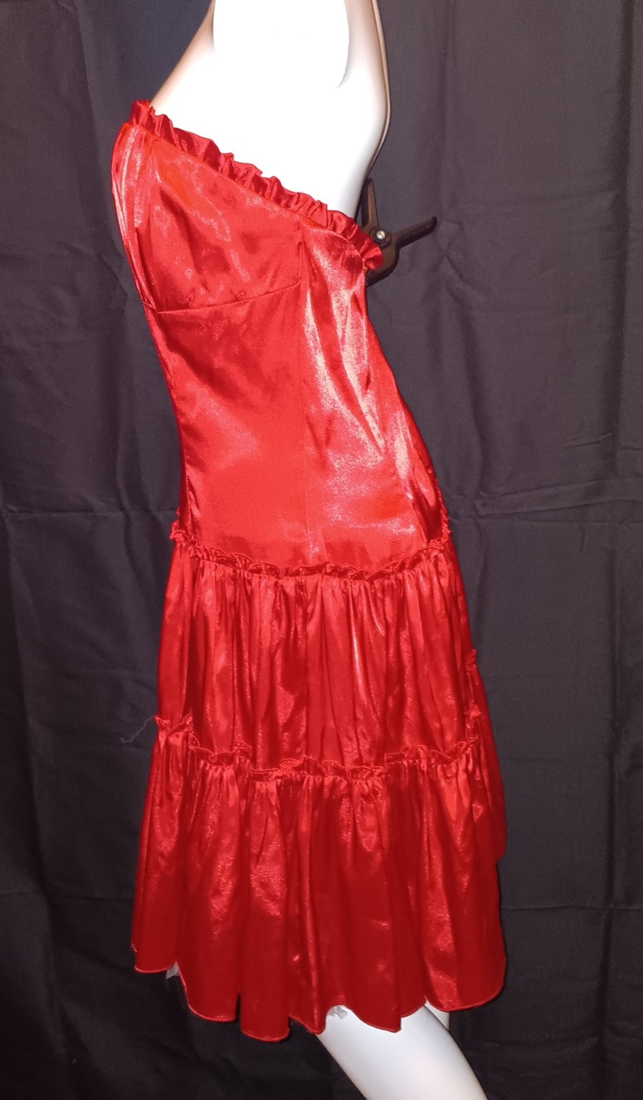 VTG Jessica McClintock Gunne Sax Red Satin Dress Moulin Rouge 1990s Prom Ruffled
