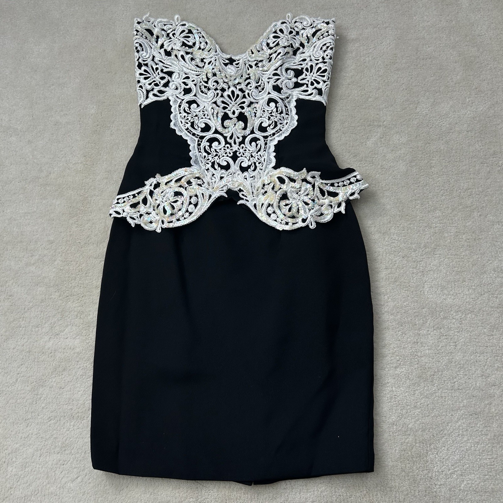 Vtg Jessica McClintock Black Lace Sequin Strapless Mini Dress Size 4