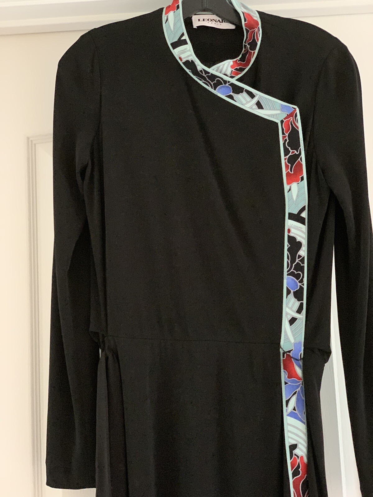 Vintage Leonard Paris Black Jersey Knit Dress With Silk Logo Trim, Sz 38 / US 6