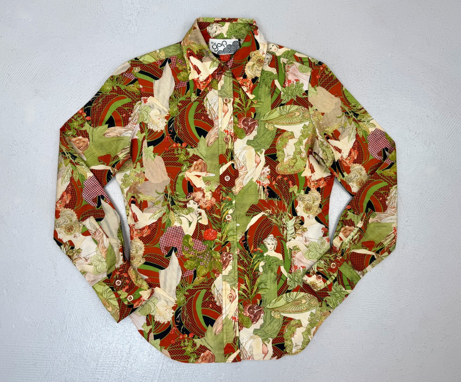 Vintage 1970s Alphonse Mucha Art Novelty Print The Gap Button Up Blouse Shirt