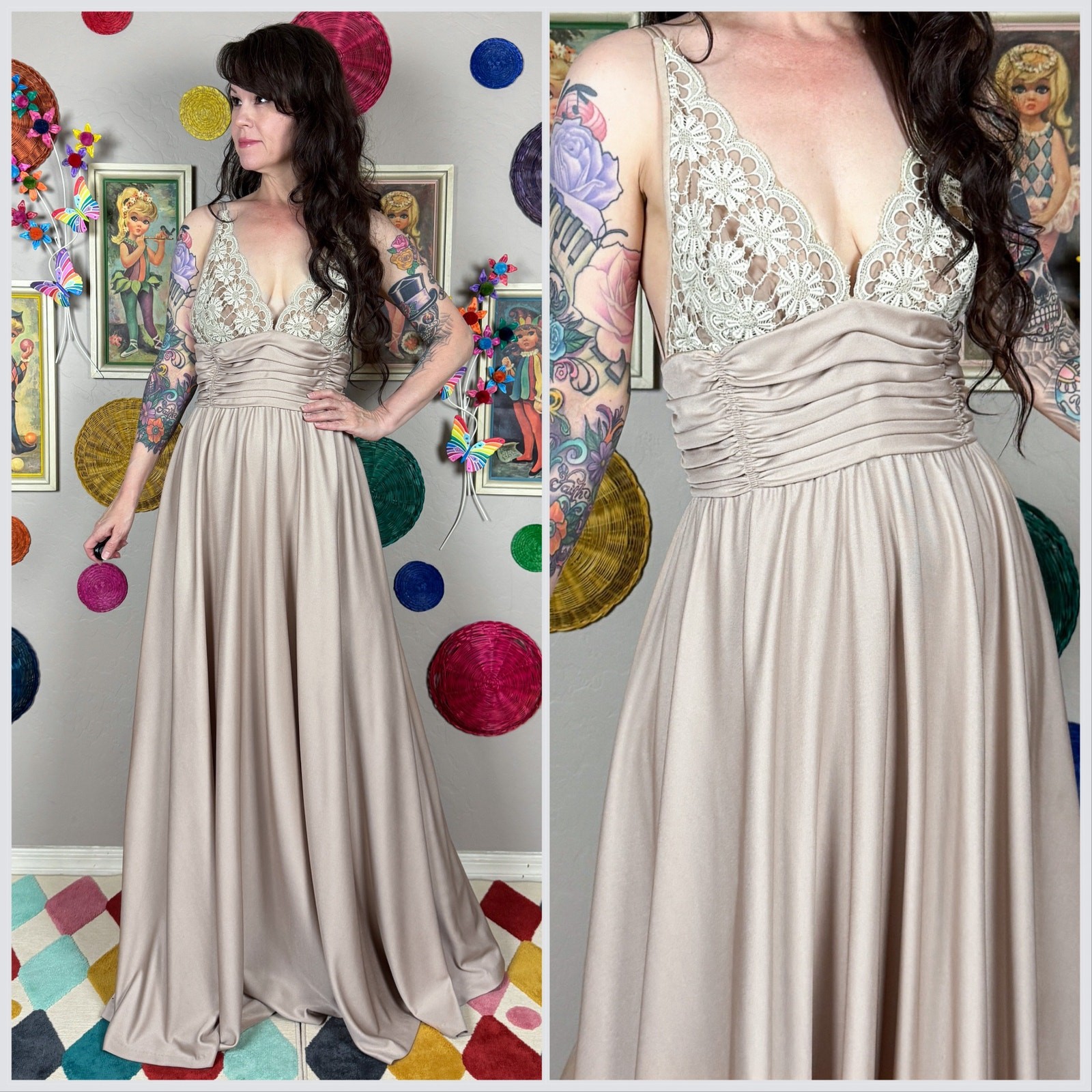 Vintage 1970s Taupe Illusion Floral Lace Strappy Backless Gown | 28″ Waist