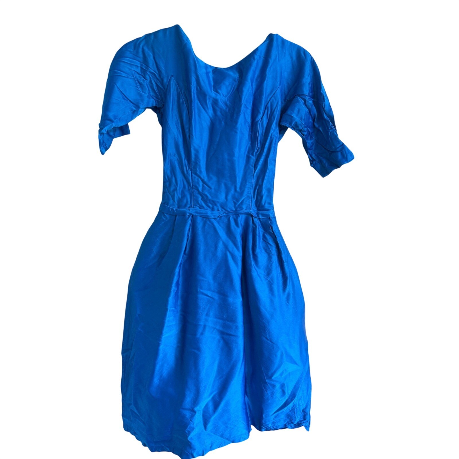 Vintage Lorrie Deb San Francisco Blue Taffeta Fit Flare Dress Bow ILGWU 50s 60s