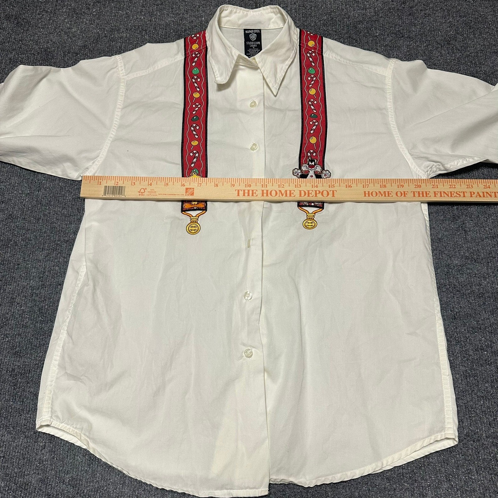 Warner Bros Looney Tunes Christmas Suspenders Shirt White Vintage Tweety Taz S