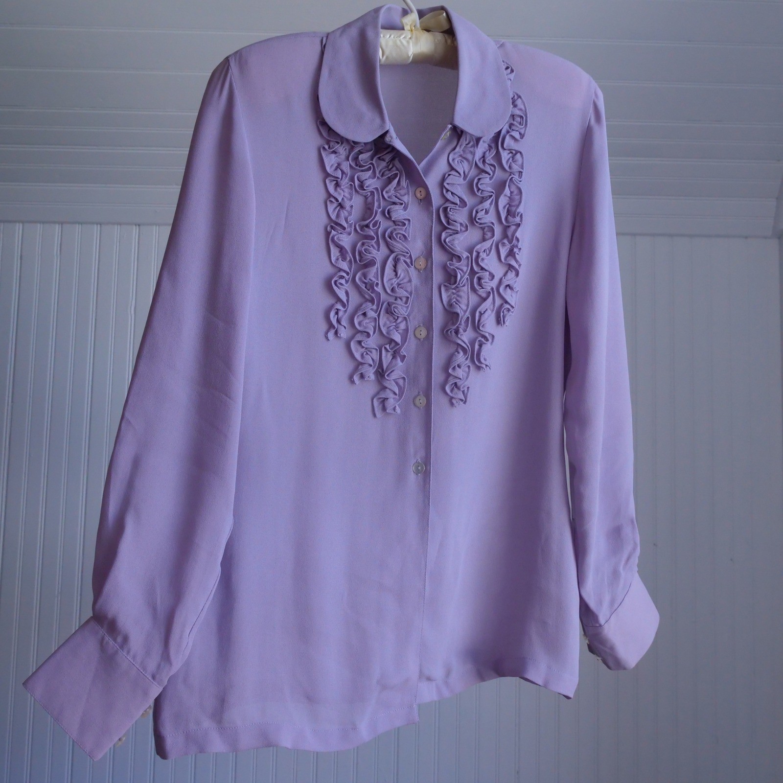 See sweetest vintage 1990s lilac semisheer tuxedo ruffle button down blouse