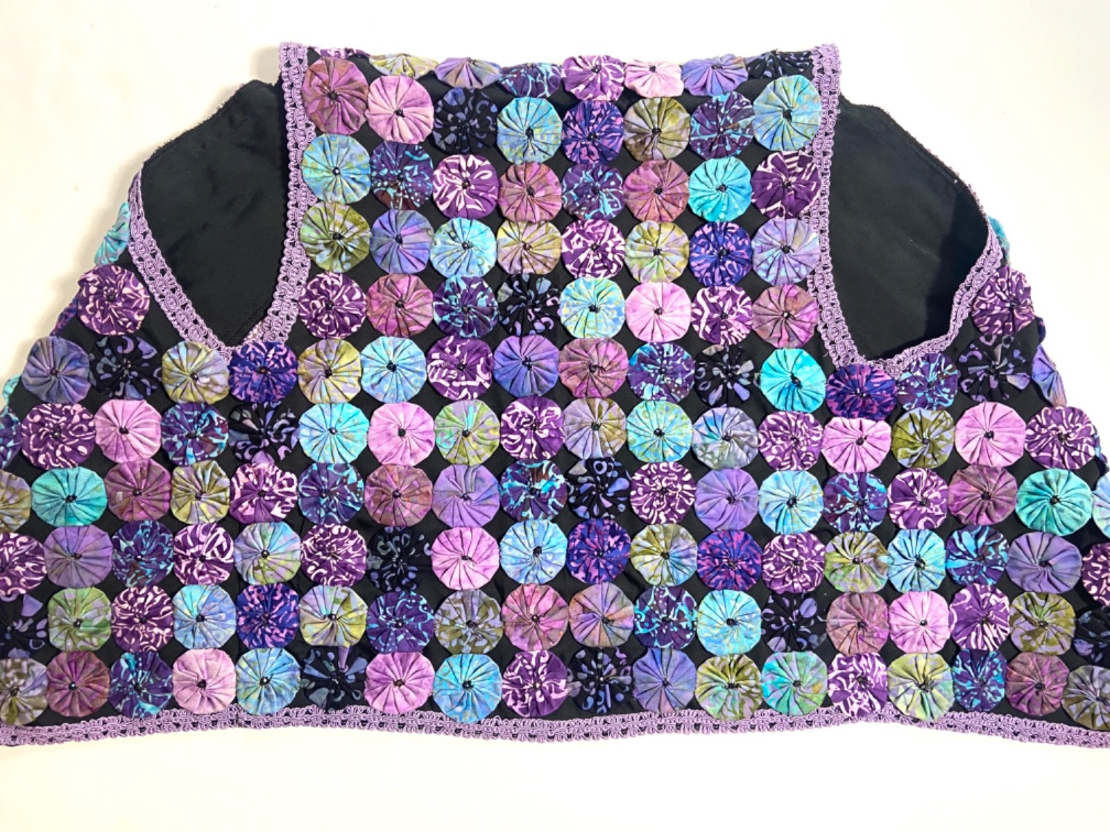 Vintage Quilted Yoyo Vest Purple & Black Lined Handmade Bust 35″ Cottage Core