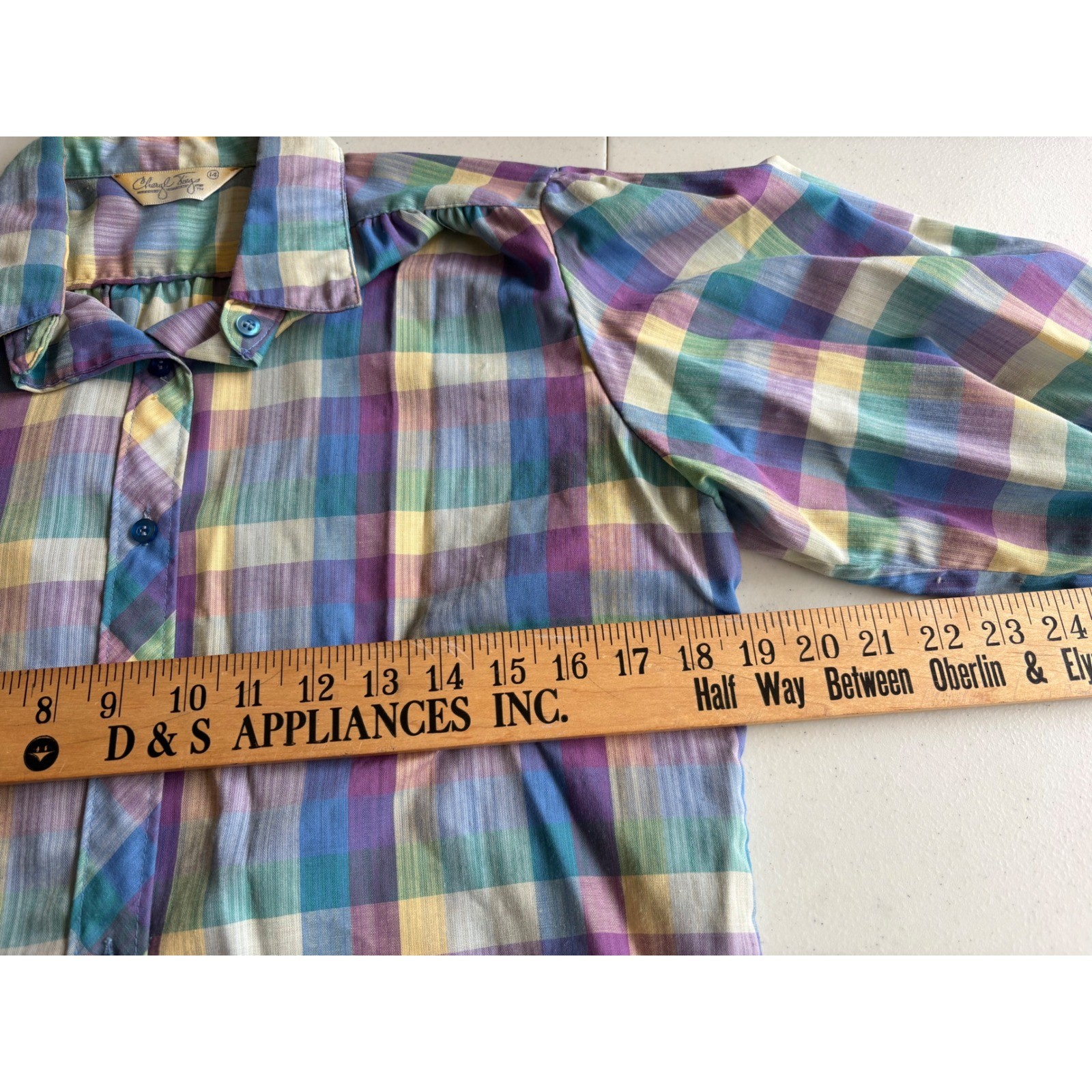 Cheryl Tiegs Rainbow Plaid Puff Sleeve Button Down Shirt Womens M Vintage 80s