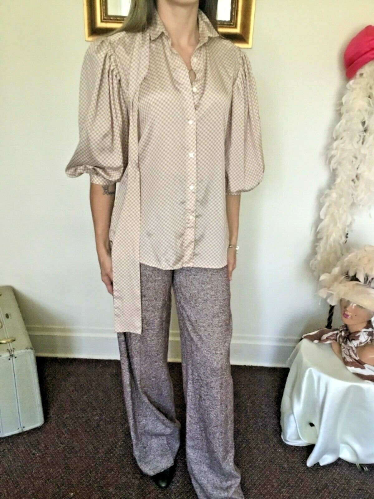 70’s Vintage Brown White Tweed Hi Waisted Ultra Bell Bottom Pants