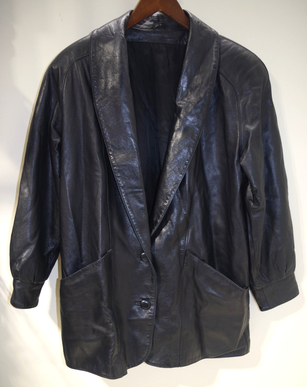 10B Vintage Womens M/L Black Leather Jacket Shawl Collar Raglan Coat