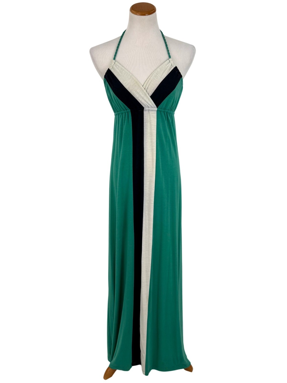L8ter Vintage 90s Casual Green Gray Black Striped Color Block Halter Maxi Dress