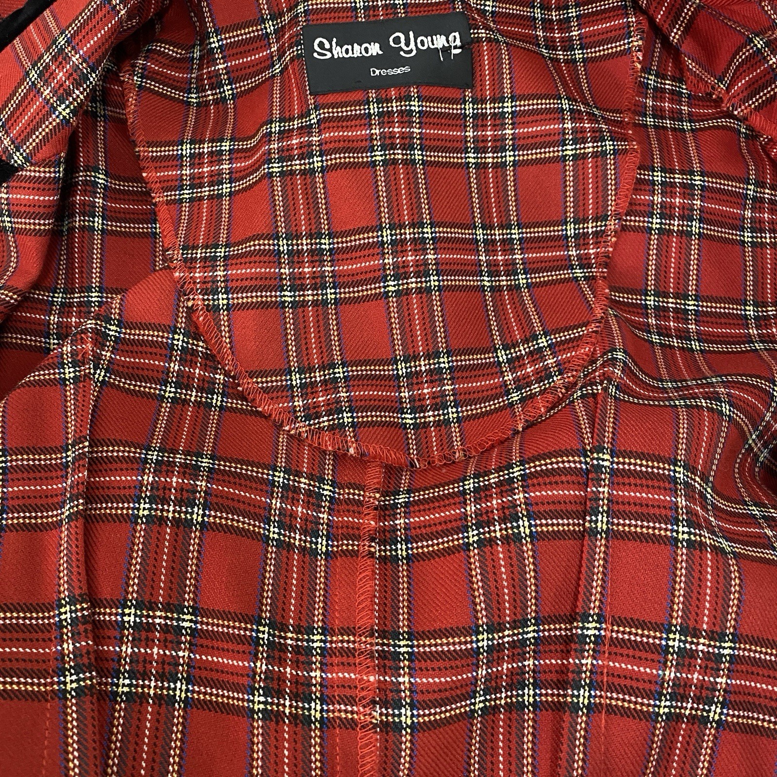 Vintage Sharon Young Plaid Dress Velvet Trim Mock Pockets Unlined Cute Buttons
