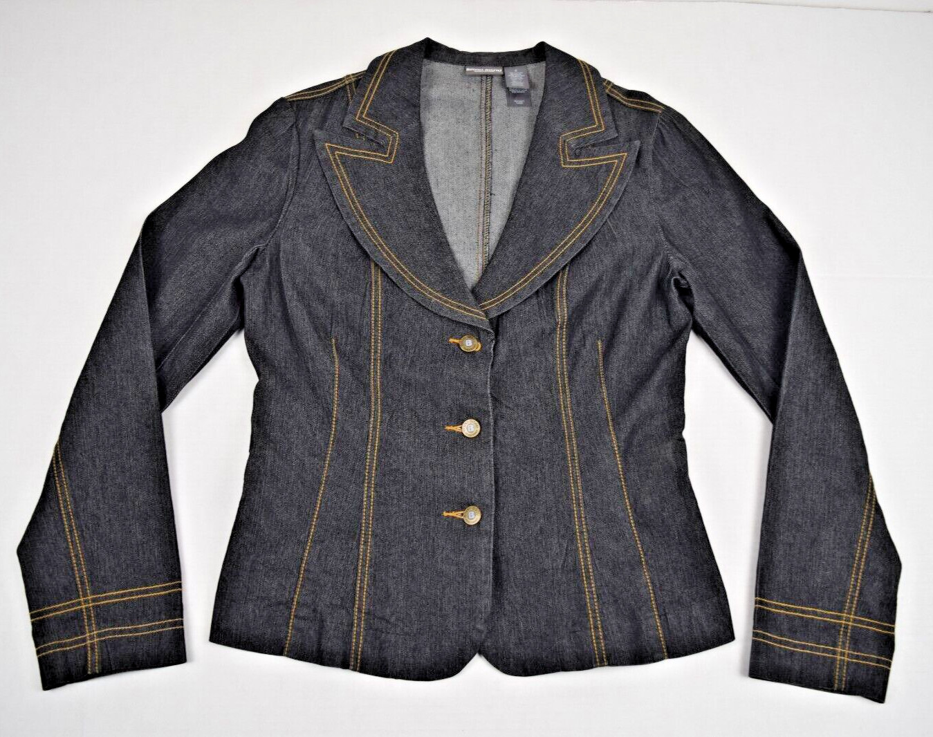 Vintage Denim Blazer Jacket Bisou Bisou Size 8 90s Blue Gold Stitch Fitted