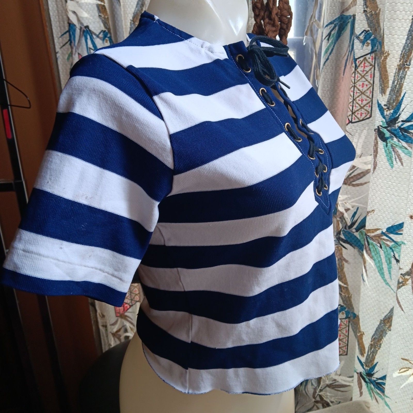 True Vintage 1970’s Lace-Up Top Striped Blue White Cropped Hippie Mod T-shirt