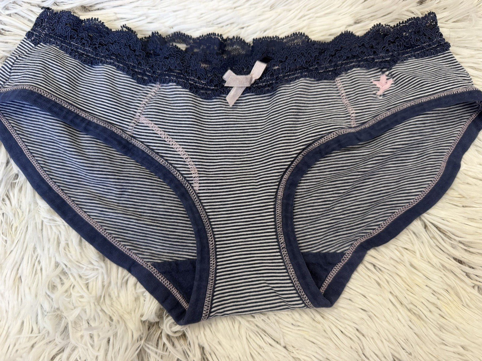 Vintage Y2K Aerie Sm Cotton Blue Striped Hipster Bikini Panties Lace Trim bow