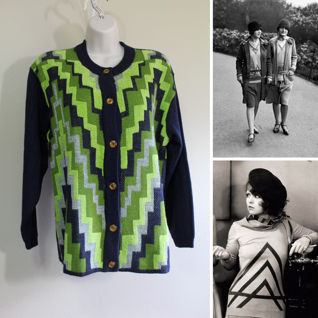 M Vintage 60s d. 1920s Camela Cardigan Art Deco Navy Green Wool Blend Sweater