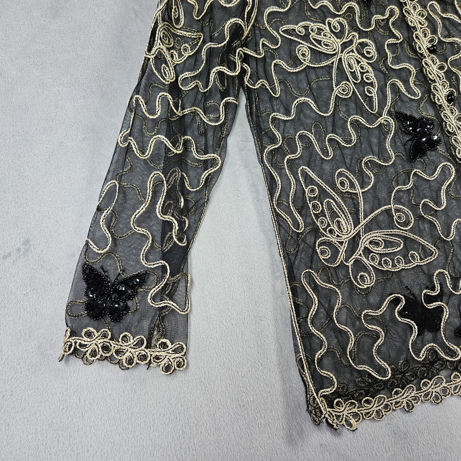 VTG Womens Butterfly 3D Embroidered Sheer Mesh Cardigan Shirt Black Gold No Tag