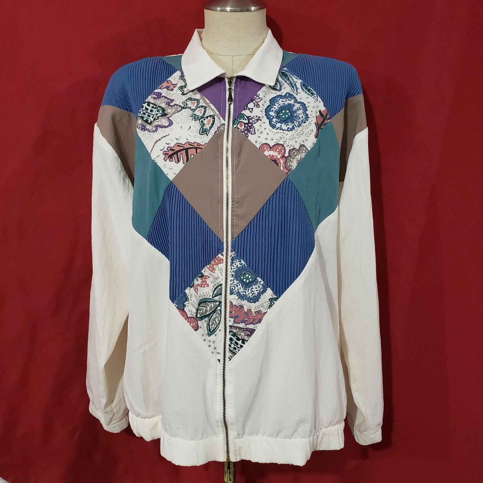 Vtg Teddi Ivory Multicolor Zip Light Blazer Top XL