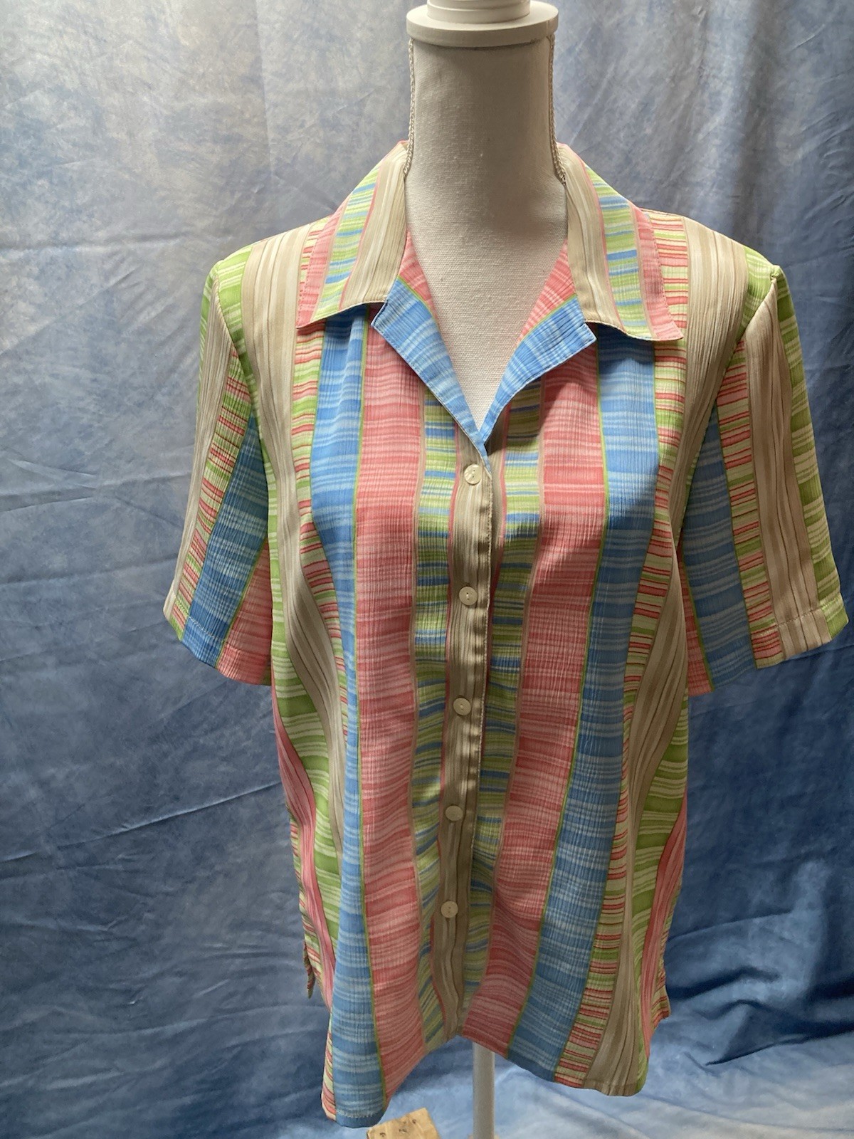 Vintage 1980s Women’s Alia Striped Pastel Colors Button Down Shirt Size 12