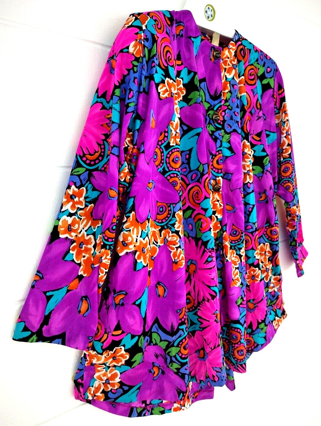 Vtg 80’s Psychedelic Floral A-line Top Sz S by De Weese Long S Cover-up Pockets