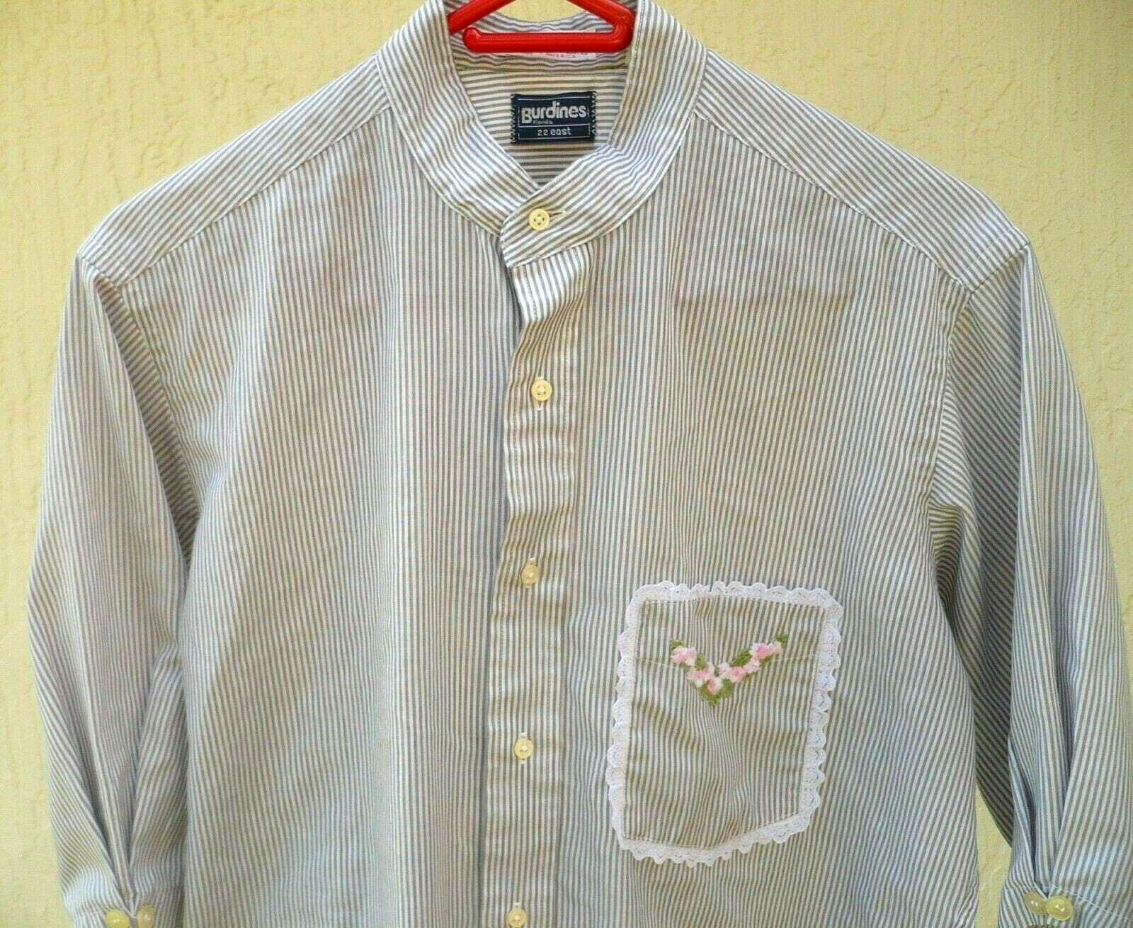 VTG BURDINES USA L WOMENS COTTON GRAY PIN STRIPED PINK EMBROIDERED POCKET BLOUSE