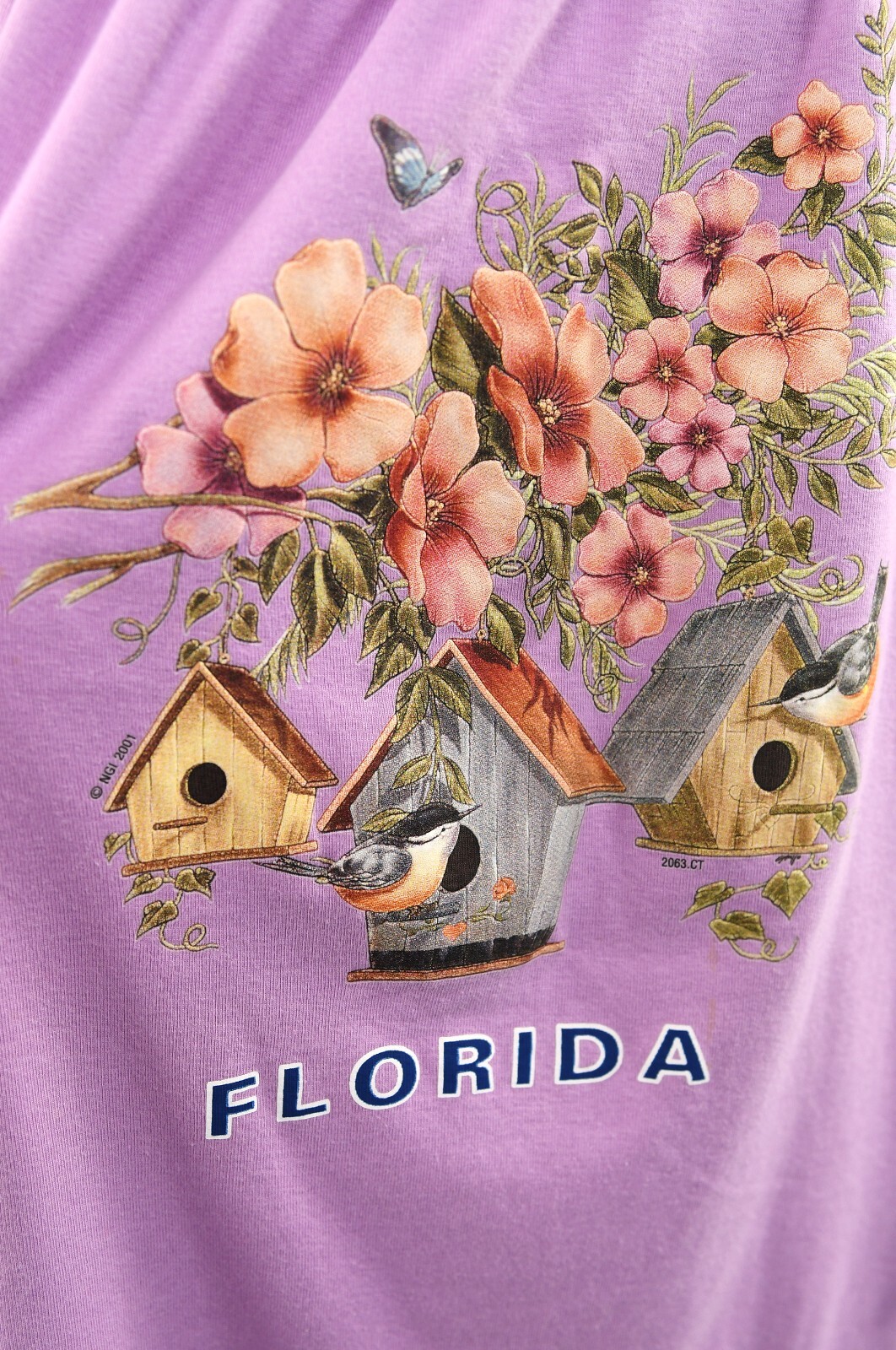 Vintage 80s Pale Purple Lilac Bird + Birdhouse Screen Print Shift Tie Sundress M