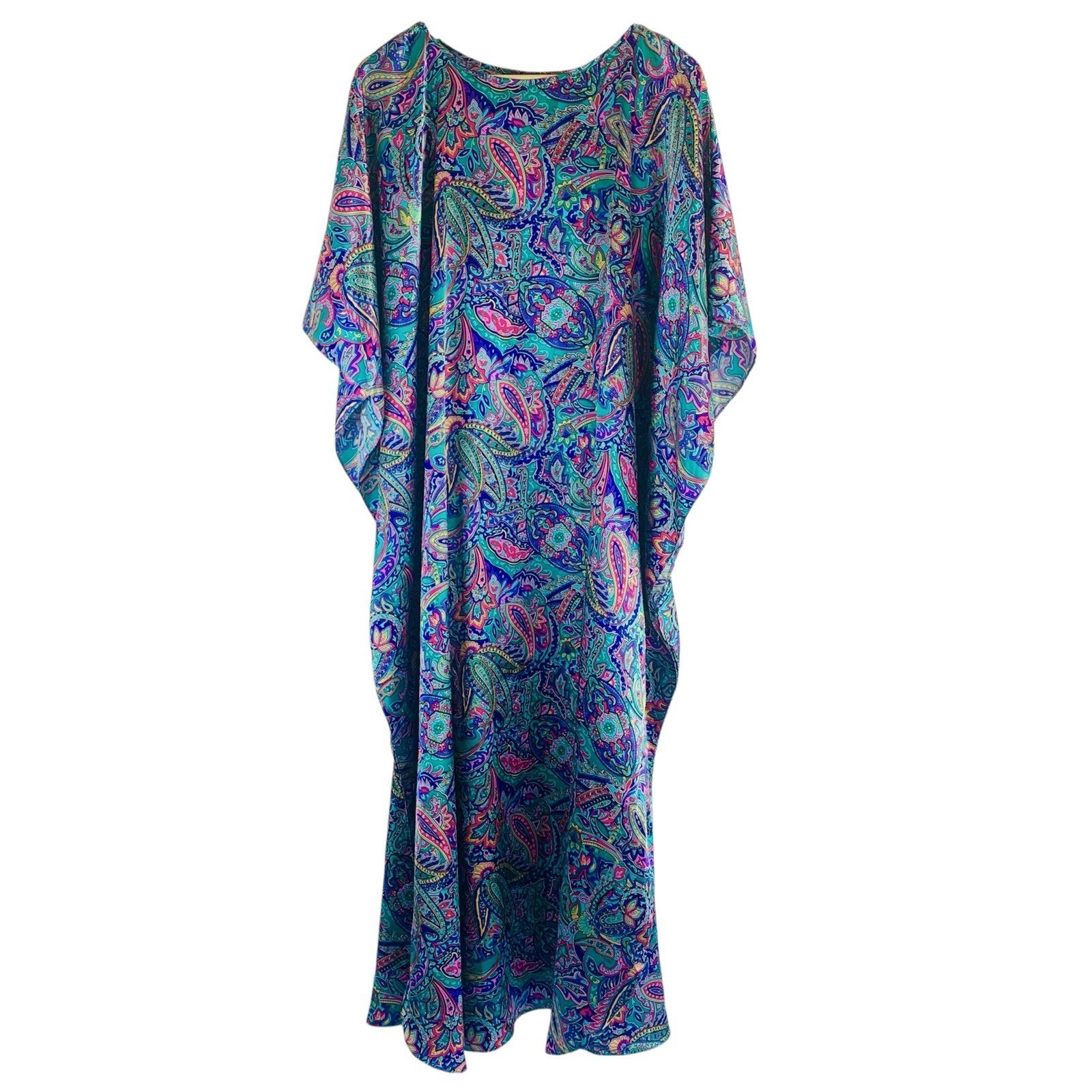 VTG Silky Paisley Caftan Dress Mumu Satin Cruise Resort Hollywood Patio Dress