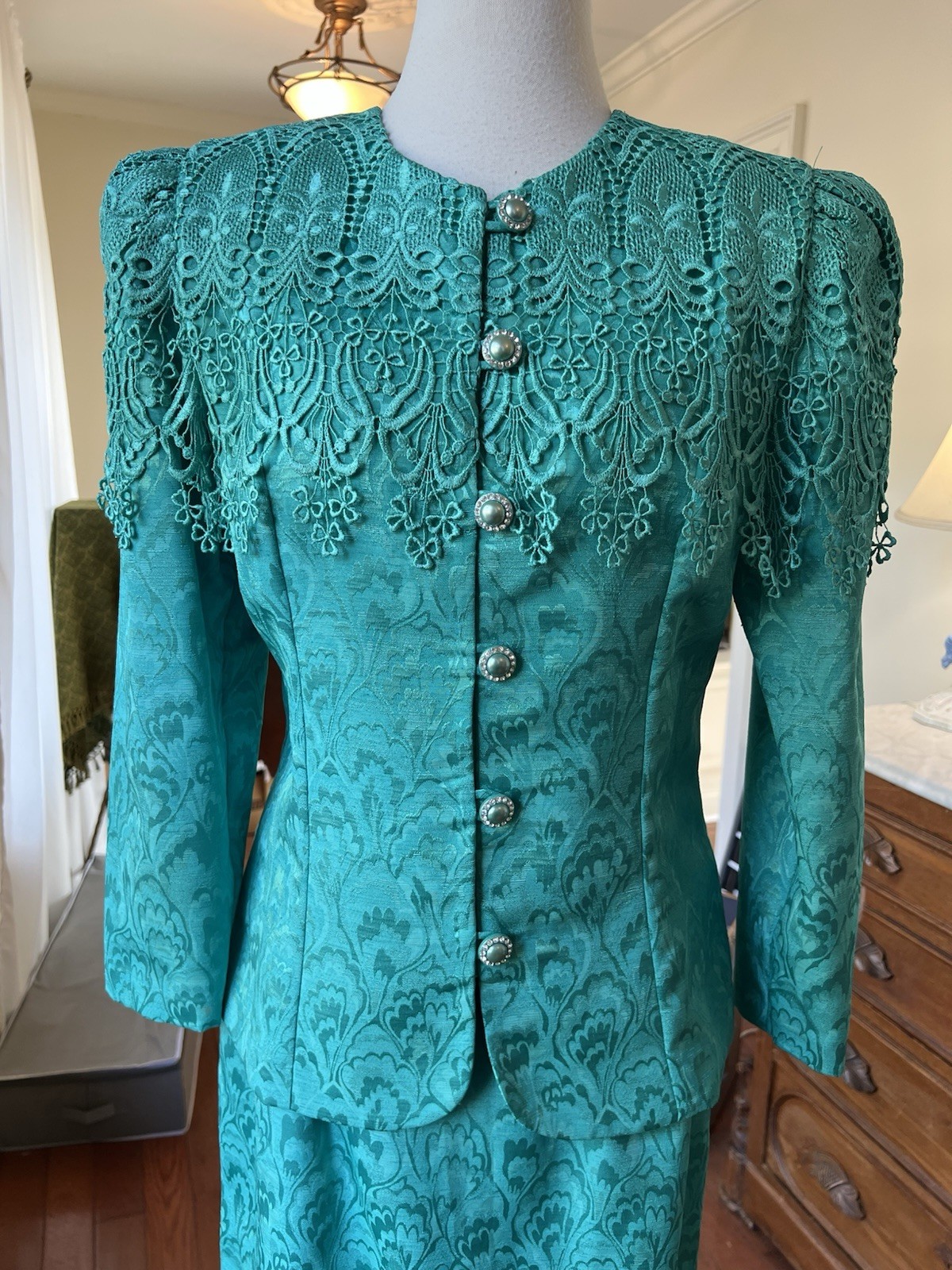 VTG 80’s 2 Piece Teal Dress, Big Lace Rhinestone Buttons, Big Shoulder Pads Sz 8