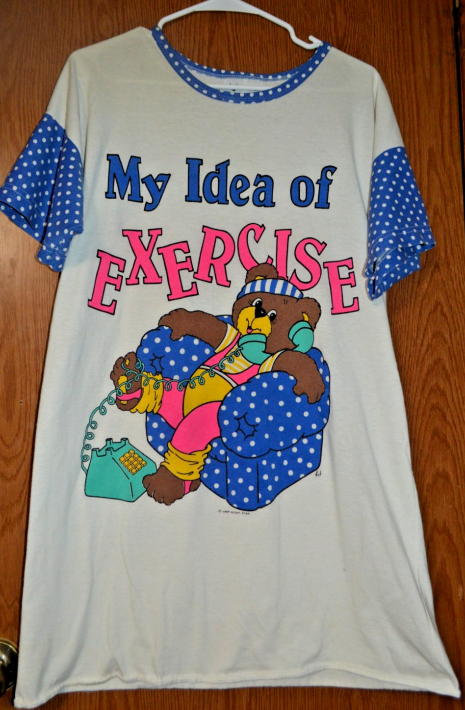 Vintage 1989 Night Star Gown Bear My Idea of Exercise Blue Polka Dot/Cream-READ
