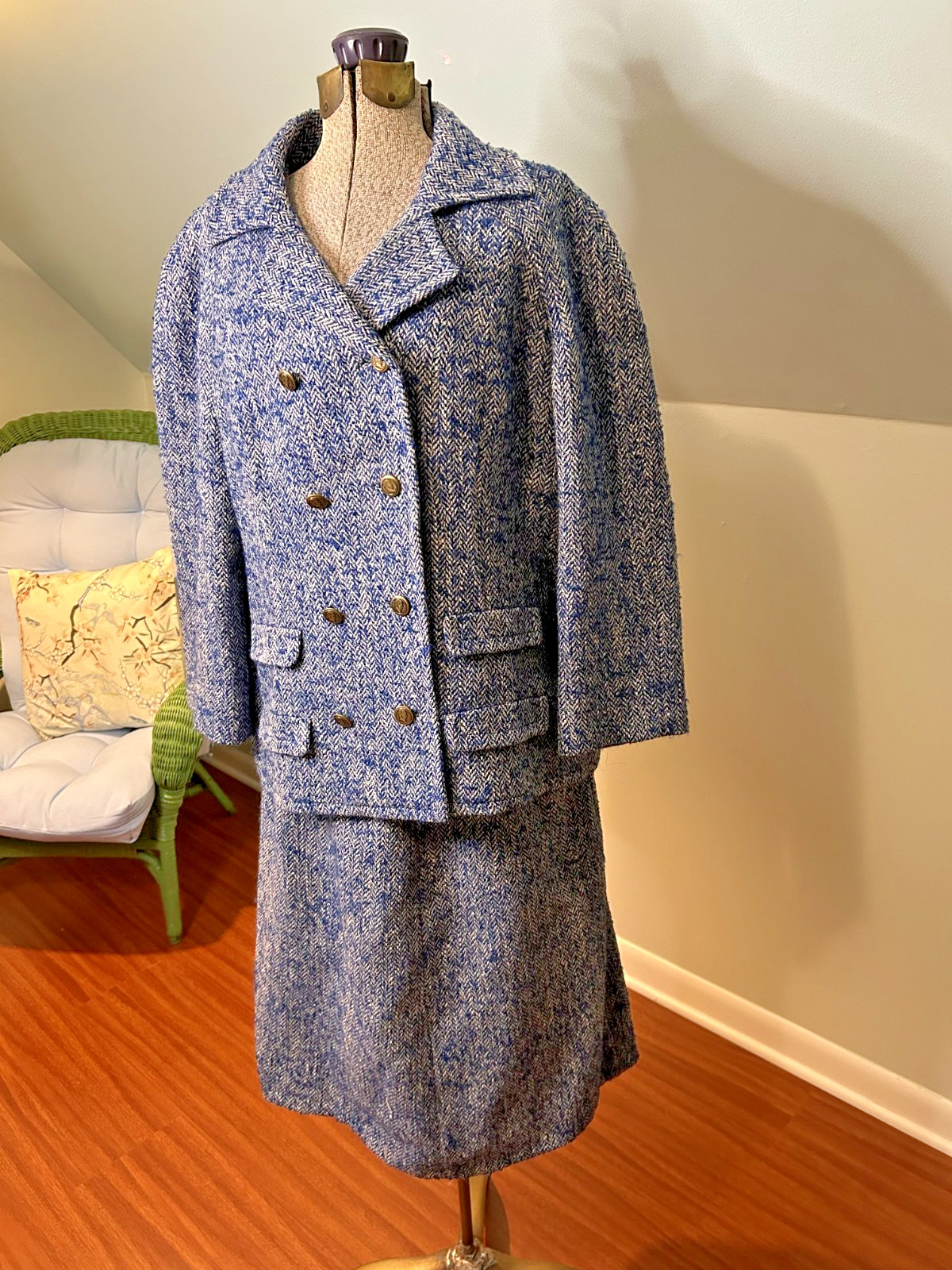 1950s Handmacher Bright Blue Herringbone Tweed Suit Pea Coat + Skirt L Academia