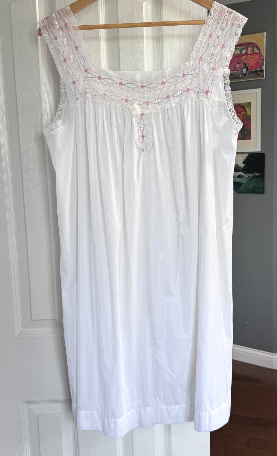 Vintage Komar Nightgown Large Average White Pink Embroidery Lace Cottagecore