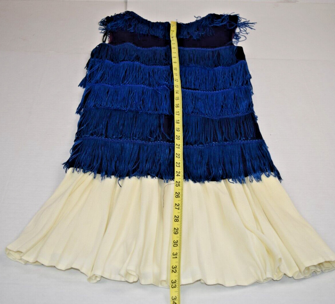 Vintage Flapper Dress Elegant Miss Size S/M 60s Silky Blue Tassels Ivory Ruffle