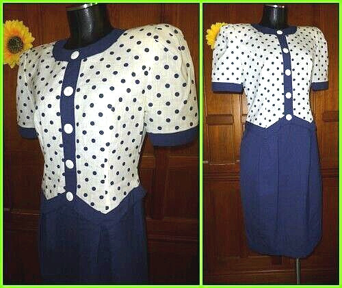 VTG 80s POLKA DOT Navy Blue Mix Print Secretary Cocktail Midi Dress Petites 8