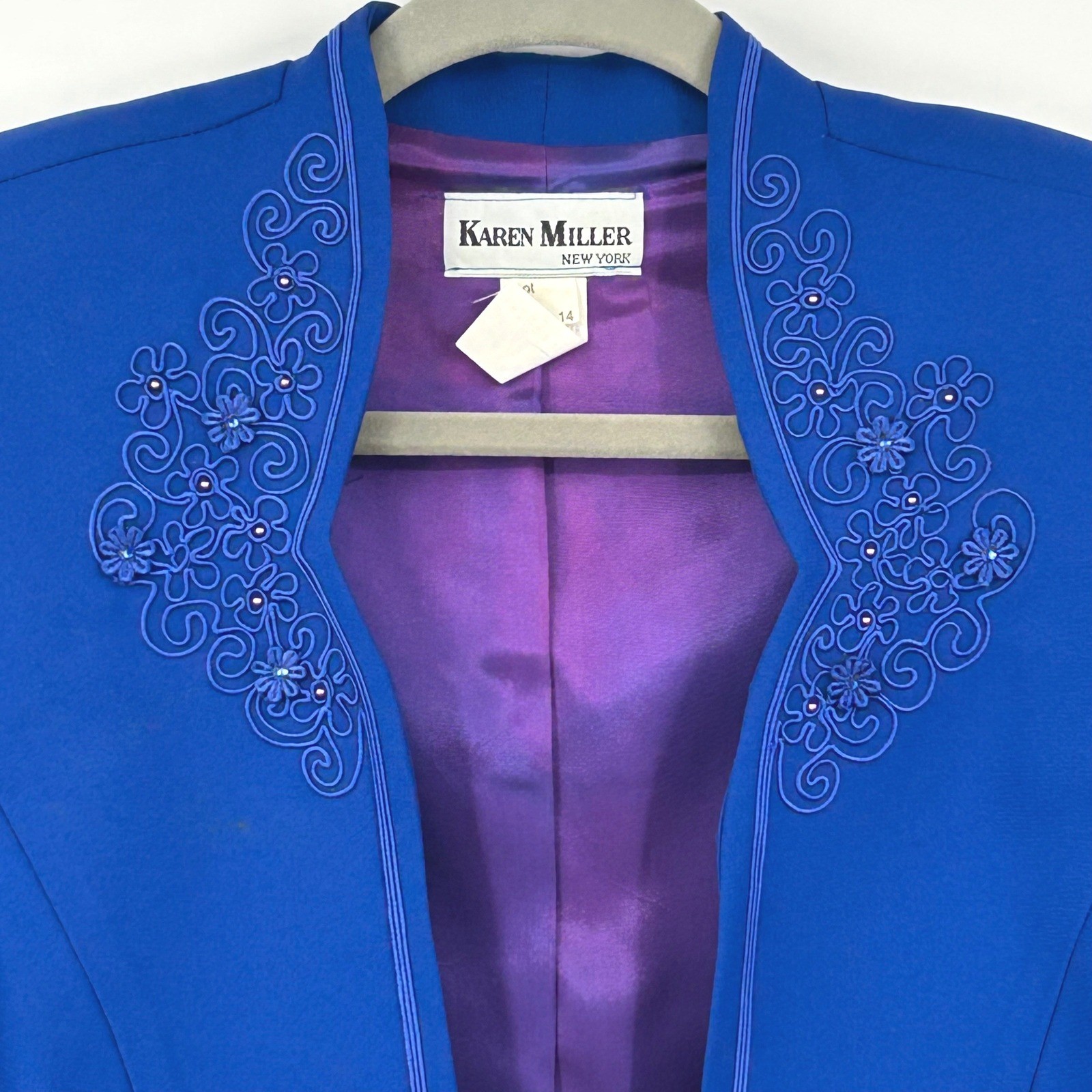 Womens Vintage 90s 3pc Skirt Suit Set Cobalt Blue Embroidered Karen Miller 14