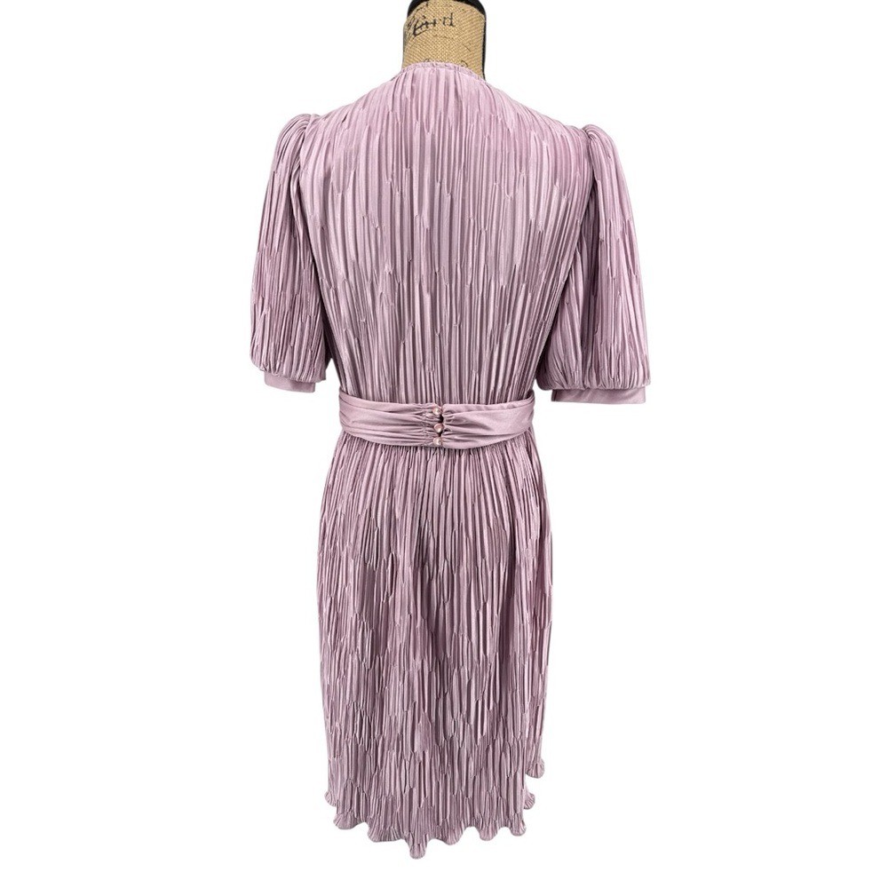 VTG 80s Crinkle Pleated Faux Wrap Style Dress Dusty Pink Chrissy Threes Company