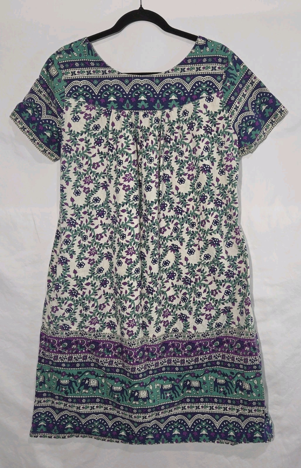 La Cera Shift Dress Womens Small Purple Teal Elephant Floral Cotton Boho Pockets