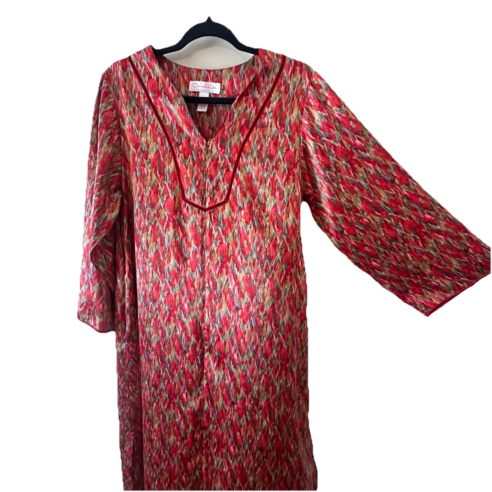Oscar de la Renta Geometric Satin Pockets Caftan Dress Muumuu Half Zip Sz Small