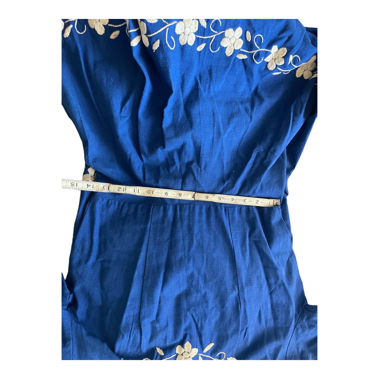 Blue Linen Embroidered Peasant Maxi Dress Sweeping Skirt Small Vintage 1960’s