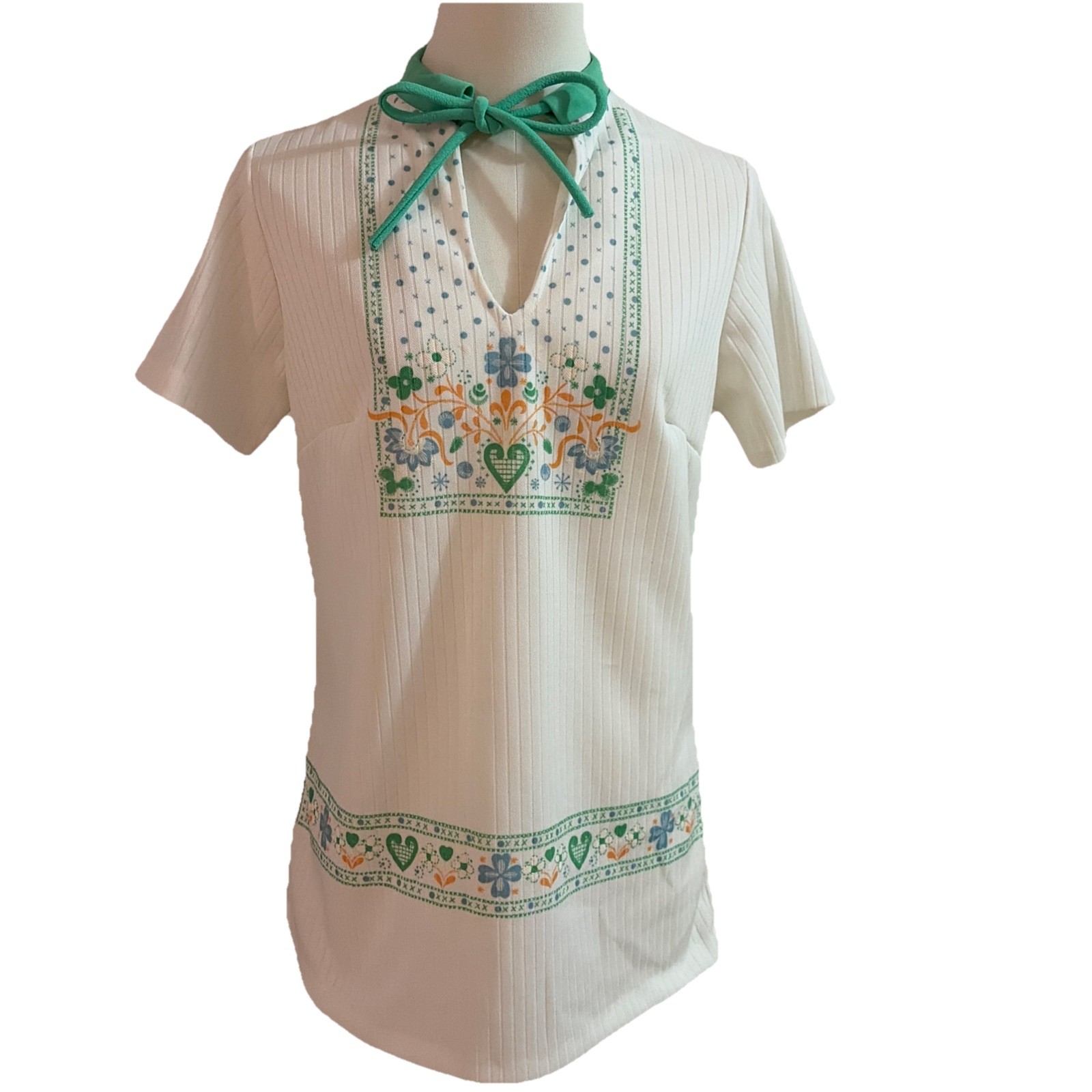 Vintage 1970s Ribbed Floral Top Women’s Size S Green Tie Neck Carol Brady Retro