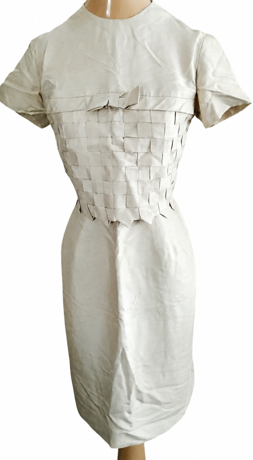 1960s Vintage Saba Jrs California Celery Green Basket Weave Shantung Dress XXS