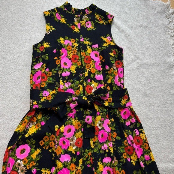 VTG 70s Black Neon Floral Pleated Ruffle Maxi Dress XS Retro Mod Handmade