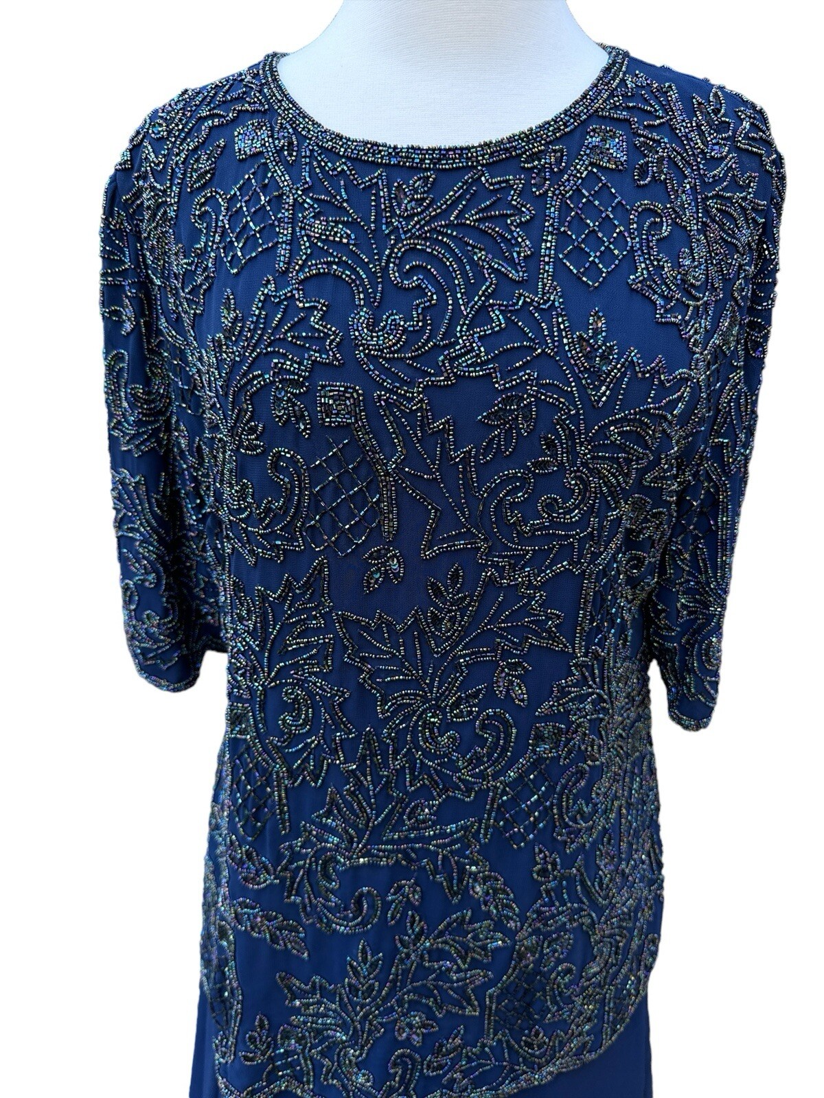 vtg 80/90’s Channa Navy Blue Beaded Mother Of Bride Dress L/XL Chiffon Wedding