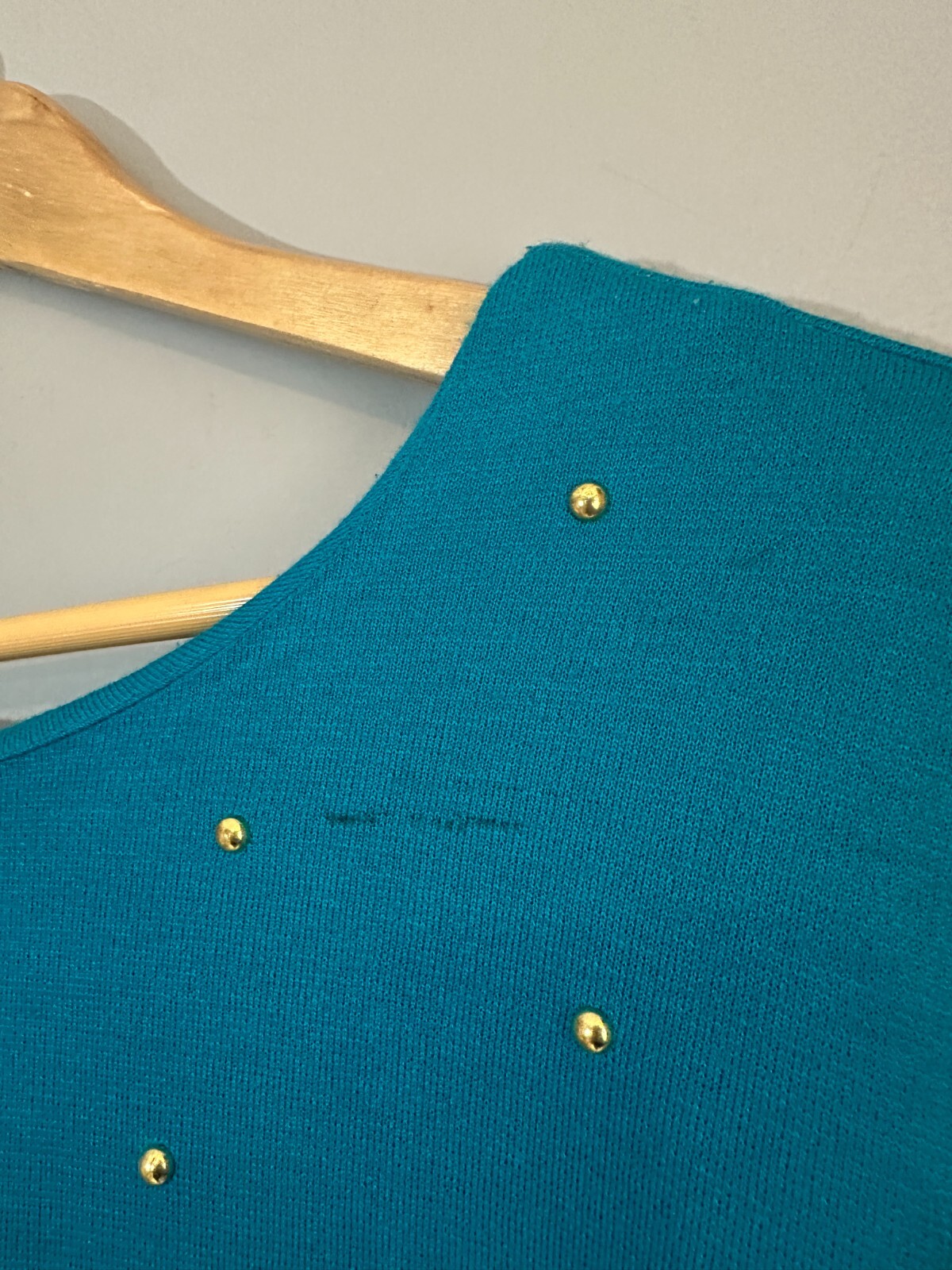 Vintage 80s Irresistible Sue Eng Sweater Dress Womens M/L Teal Knit Bead Scoop